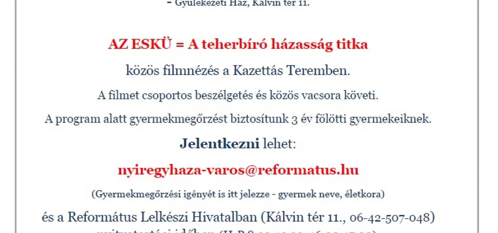 Házasság Hete 2024. - Szeretettel várjuk a házaspárokat! - Nyíregyháza-Városi Református Egyházközség, 2024. február 6.