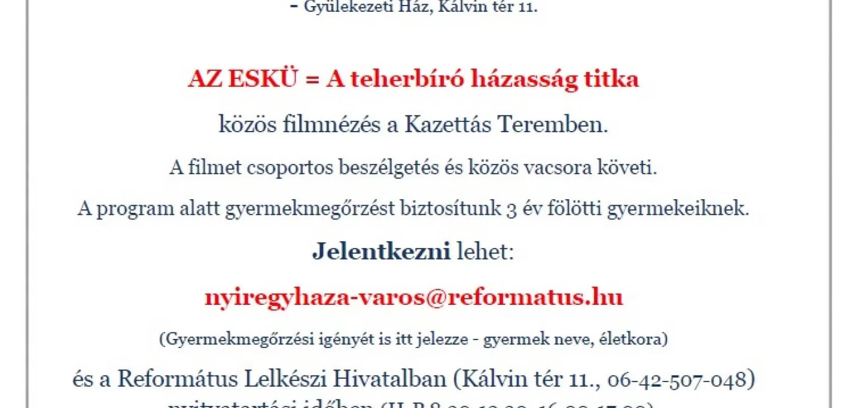 Házasság Hete 2024. - Szeretettel várjuk a házaspárokat! - Nyíregyháza-Városi Református Egyházközség, 2024. február 6.