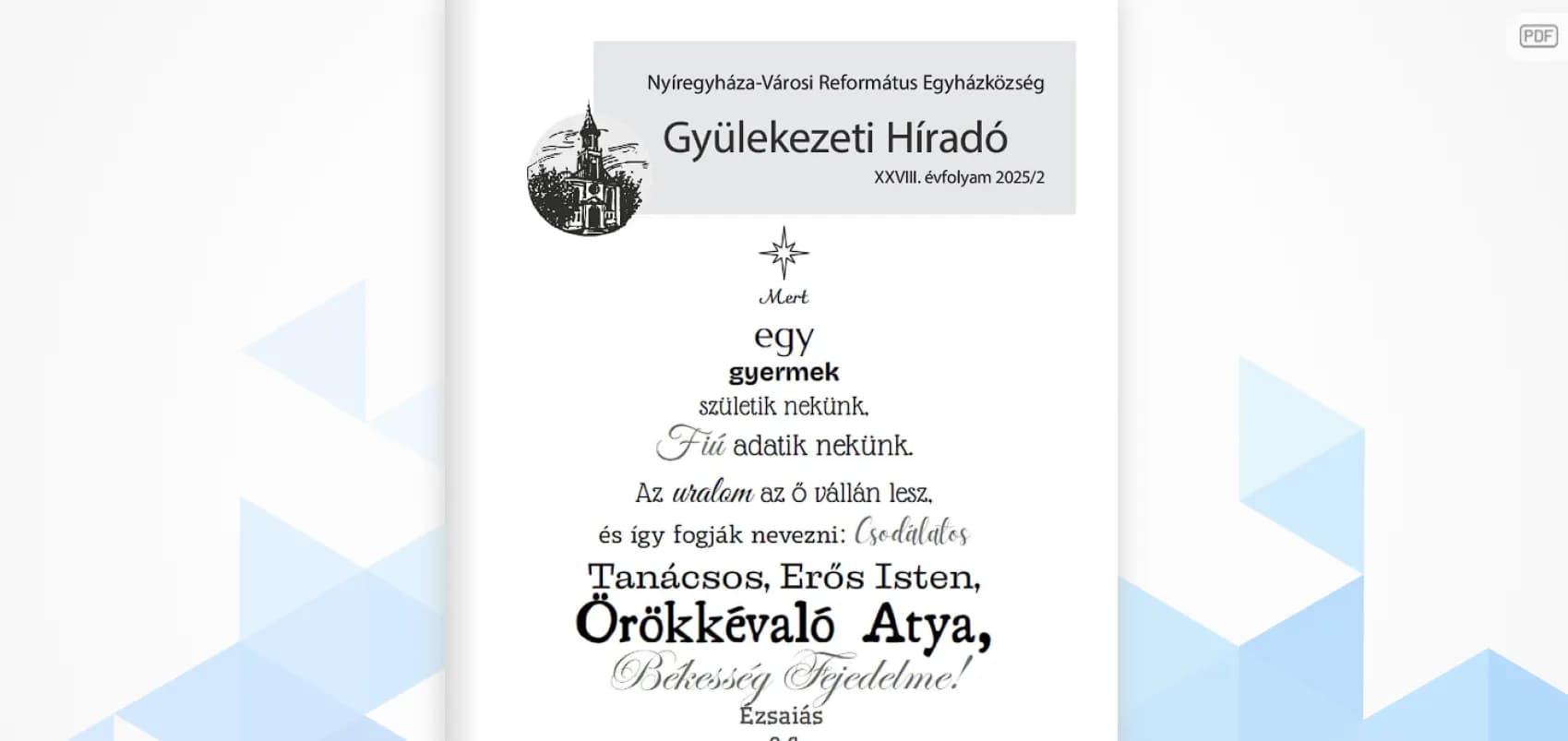 Online formában is olvasható a Gyülekezeti Híradó karácsonyi száma - Nyíregyháza-Városi Református Egyházközség, 2025. december 20.