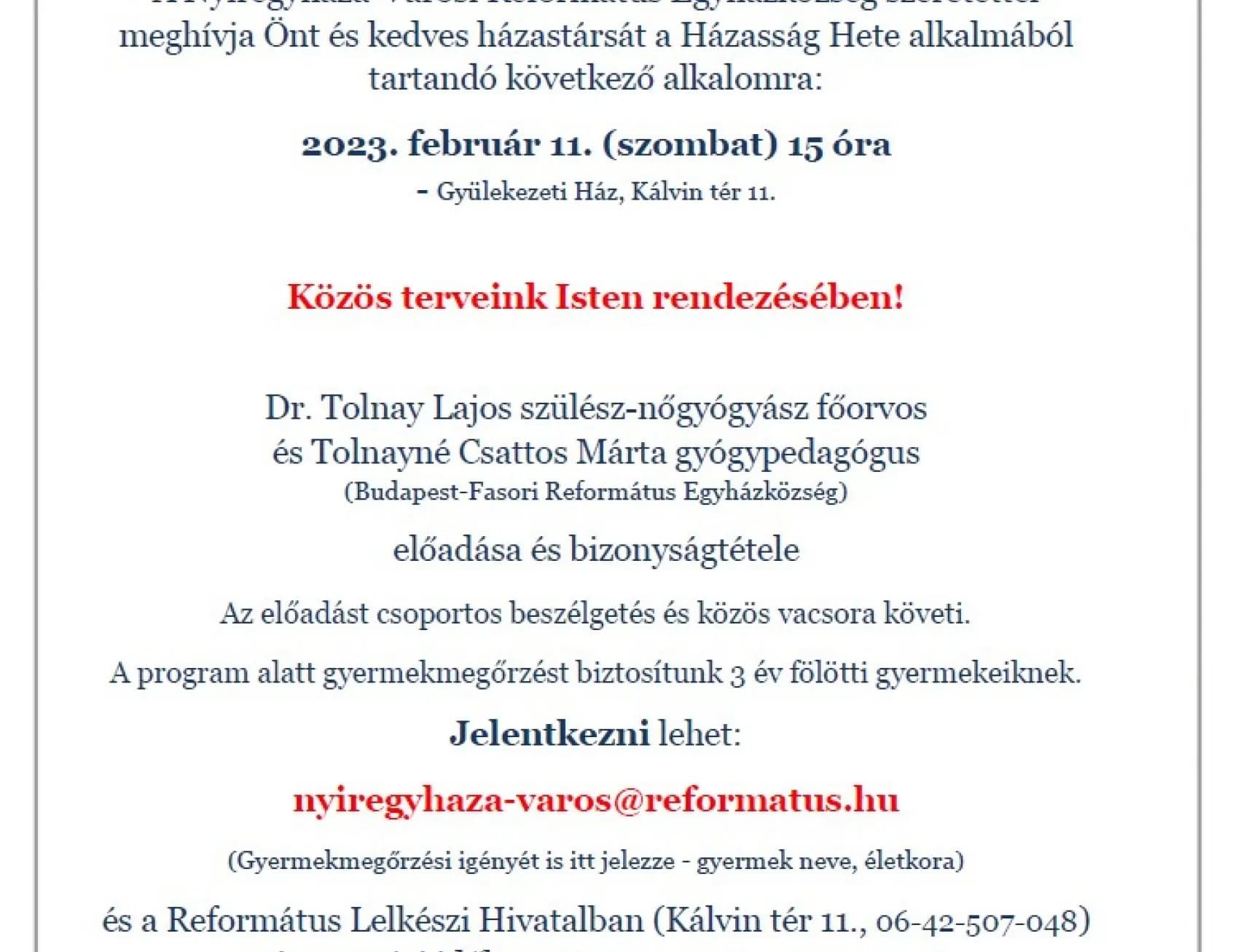 Meghívó a Házasság Hetére - Nyíregyháza-Városi Református Egyházközség, 2023. január 24.