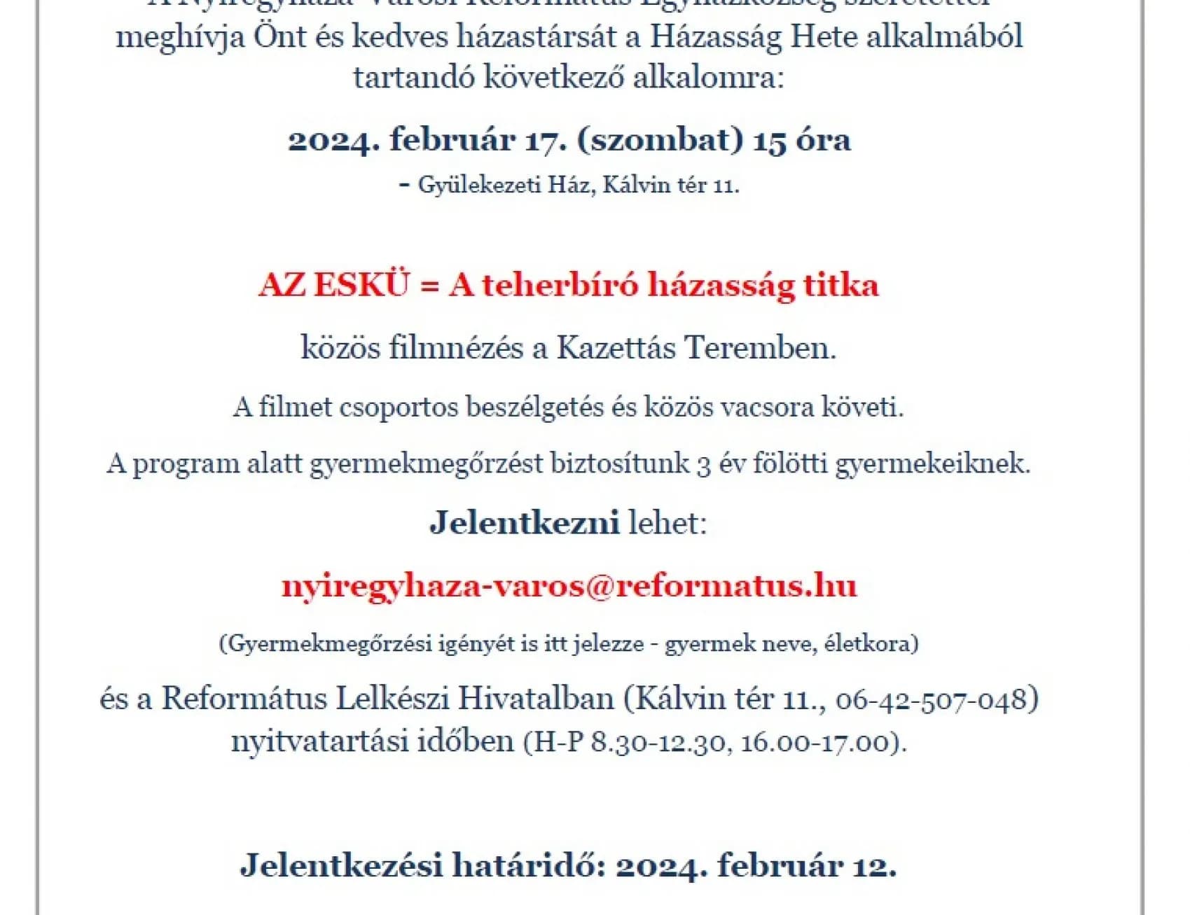 Házasság Hete 2024. - Szeretettel várjuk a házaspárokat! - Nyíregyháza-Városi Református Egyházközség, 2024. február 6.