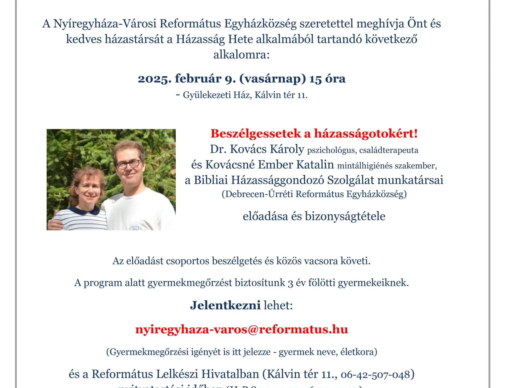 Házasság Hete 2025 - MEGHÍVÓ - Nyíregyháza-Városi Református Egyházközség, 2025. február 2.