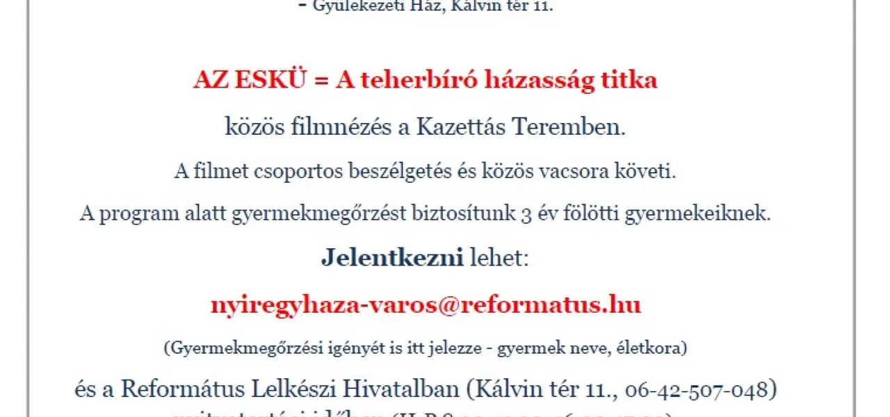 Házasság Hete 2024. - Szeretettel várjuk a házaspárokat! - Nyíregyháza-Városi Református Egyházközség, 2024. február 6.